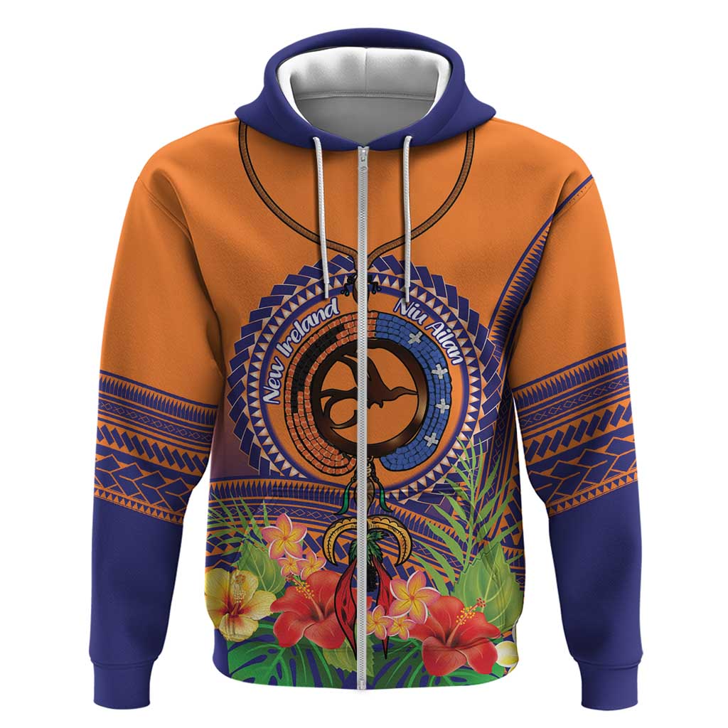 PNG New Ireland Province Hoodie Niu Ailan Necklace Polynesian Tattoo LT14 Zip Hoodie Orange - Polynesian Pride
