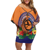 PNG New Ireland Province Off Shoulder Short Dress Niu Ailan Necklace Polynesian Tattoo LT14 Women Orange - Polynesian Pride