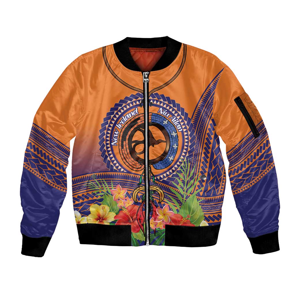 PNG New Ireland Province Sleeve Zip Bomber Jacket Niu Ailan Necklace Polynesian Tattoo LT14 Unisex Orange - Polynesian Pride
