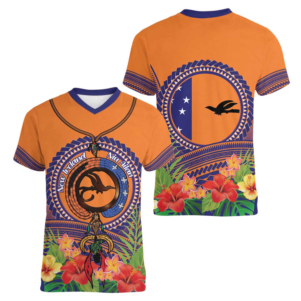 PNG New Ireland Province Women V-Neck T-Shirt Niu Ailan Necklace Polynesian Tattoo LT14 - Polynesian Pride