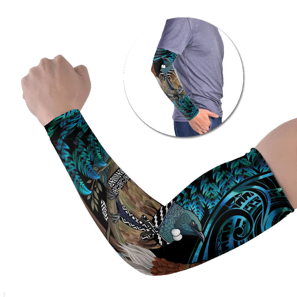 New Zealand Tui Bird Taiaha Arm Sleeves Maori Weapon Paua Shell Mix Silver Fern LT14 Set of 2 Turquoise - Polynesian Pride