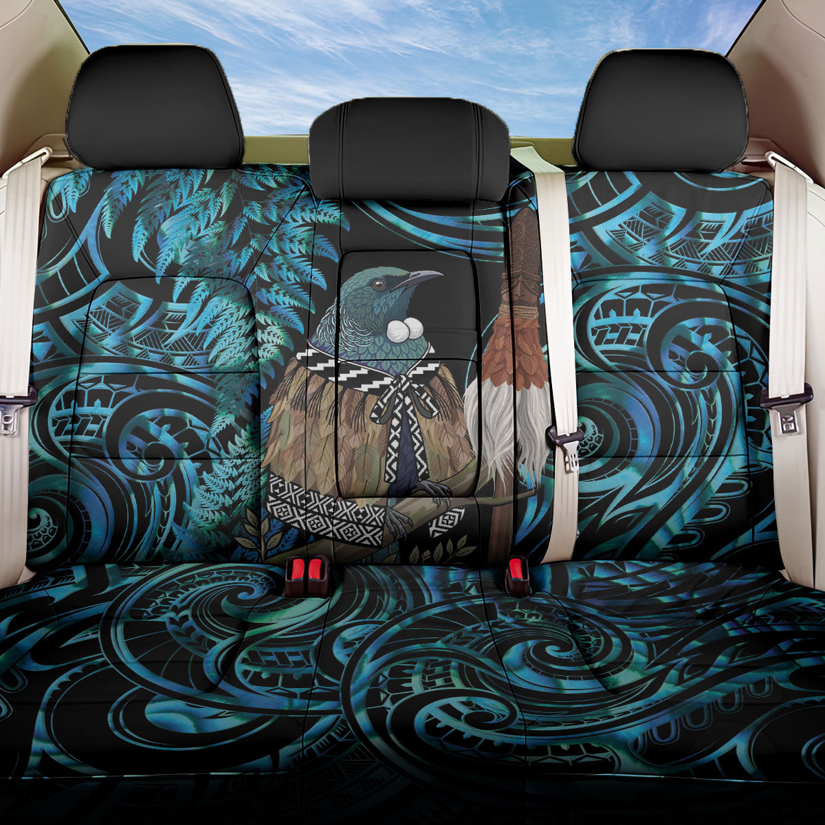New Zealand Tui Bird Taiaha Back Car Seat Cover Maori Weapon Paua Shell Mix Silver Fern LT14 One Size Turquoise - Polynesian Pride