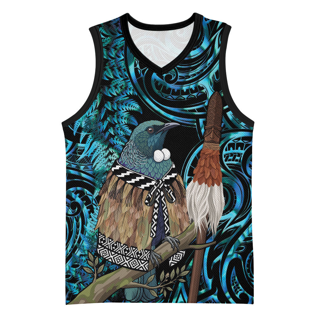 New Zealand Tui Bird Taiaha Basketball Jersey Maori Weapon Paua Shell Mix Silver Fern LT14 Unisex Turquoise - Polynesian Pride