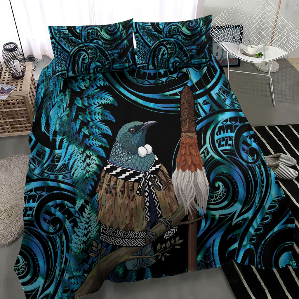 New Zealand Tui Bird Taiaha Bedding Set Maori Weapon Paua Shell Mix Silver Fern