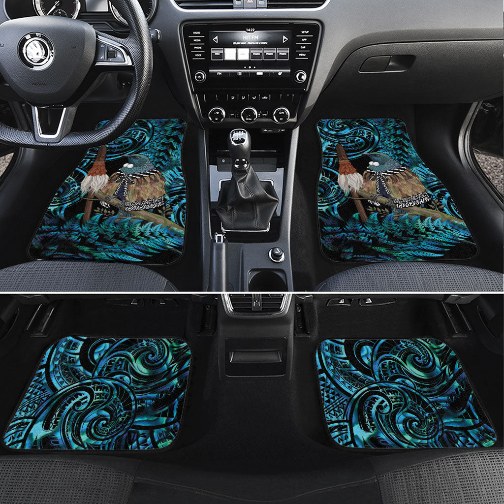 New Zealand Tui Bird Taiaha Car Mats Maori Weapon Paua Shell Mix Silver Fern LT14 Set 4pcs Turquoise - Polynesian Pride