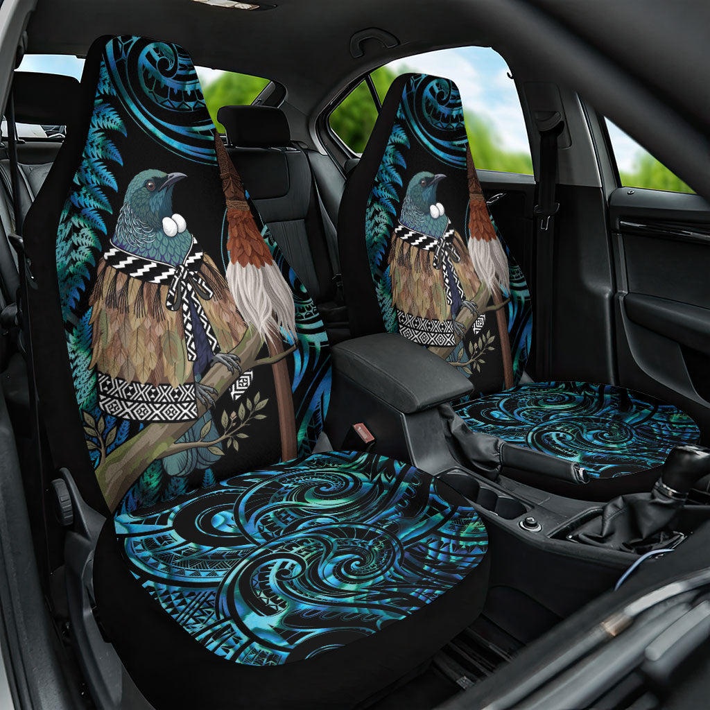 New Zealand Tui Bird Taiaha Car Seat Cover Maori Weapon Paua Shell Mix Silver Fern LT14 One Size Turquoise - Polynesian Pride