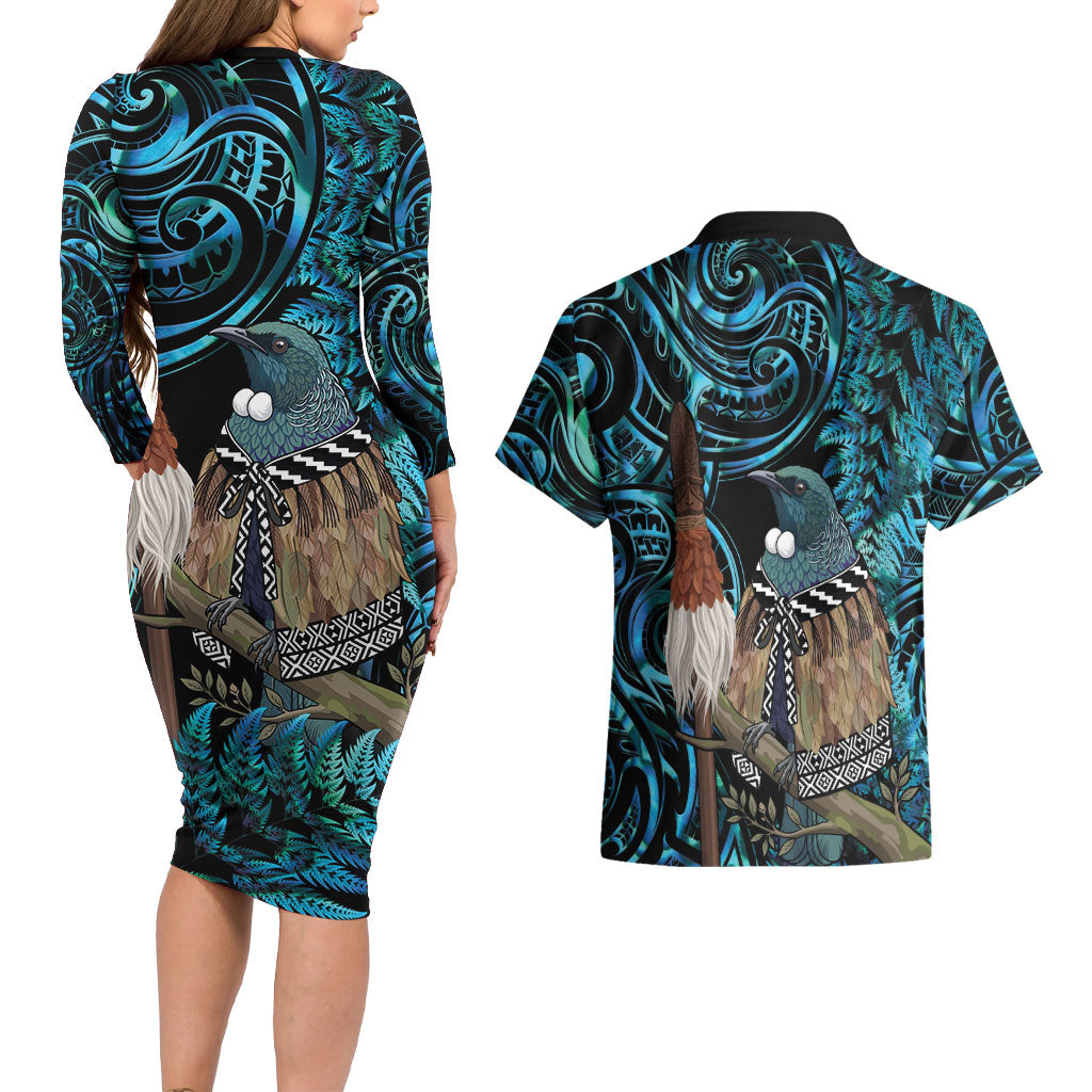 New Zealand Tui Bird Taiaha Couples Matching Long Sleeve Bodycon Dress and Hawaiian Shirt Maori Weapon Paua Shell Mix Silver Fern
