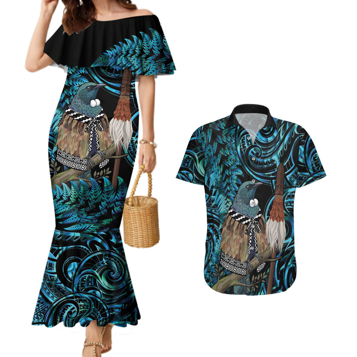 New Zealand Tui Bird Taiaha Couples Matching Mermaid Dress and Hawaiian Shirt Maori Weapon Paua Shell Mix Silver Fern LT14 Turquoise - Polynesian Pride