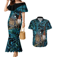 New Zealand Tui Bird Taiaha Couples Matching Mermaid Dress and Hawaiian Shirt Maori Weapon Paua Shell Mix Silver Fern LT14 Turquoise - Polynesian Pride