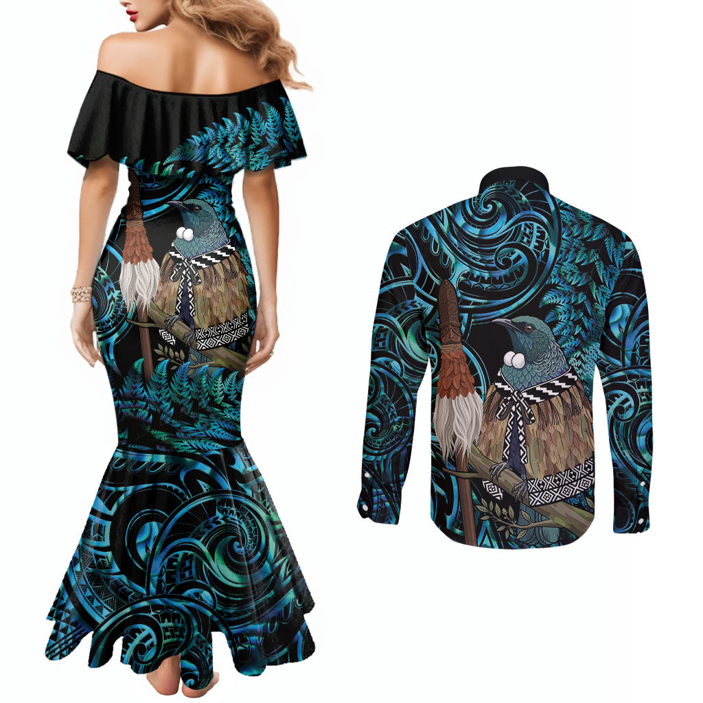 New Zealand Tui Bird Taiaha Couples Matching Mermaid Dress and Long Sleeve Button Shirt Maori Weapon Paua Shell Mix Silver Fern