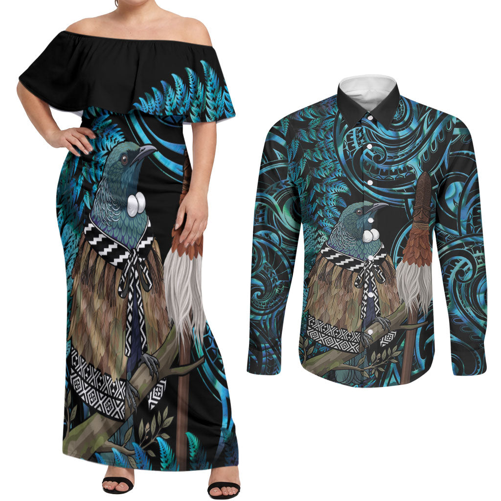 New Zealand Tui Bird Taiaha Couples Matching Off Shoulder Maxi Dress and Long Sleeve Button Shirt Maori Weapon Paua Shell Mix Silver Fern LT14 Turquoise - Polynesian Pride