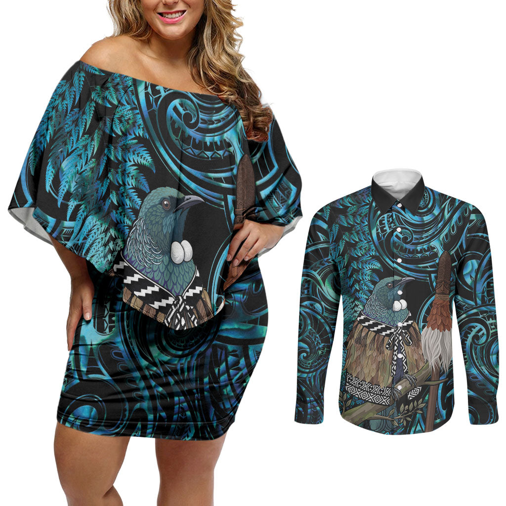 New Zealand Tui Bird Taiaha Couples Matching Off Shoulder Short Dress and Long Sleeve Button Shirt Maori Weapon Paua Shell Mix Silver Fern LT14 Turquoise - Polynesian Pride