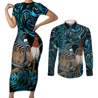 New Zealand Tui Bird Taiaha Couples Matching Short Sleeve Bodycon Dress and Long Sleeve Button Shirt Maori Weapon Paua Shell Mix Silver Fern