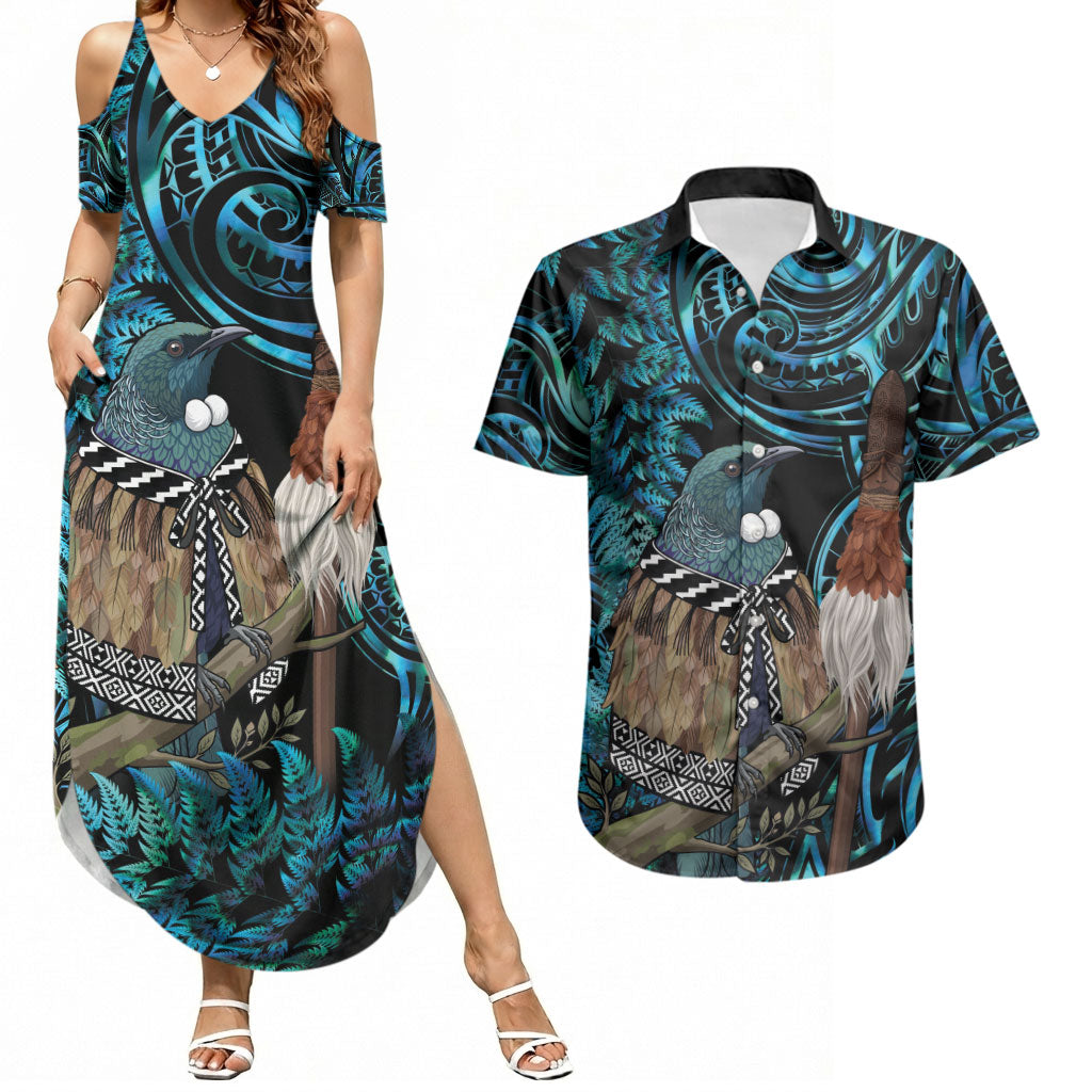 New Zealand Tui Bird Taiaha Couples Matching Summer Maxi Dress and Hawaiian Shirt Maori Weapon Paua Shell Mix Silver Fern LT14 Turquoise - Polynesian Pride