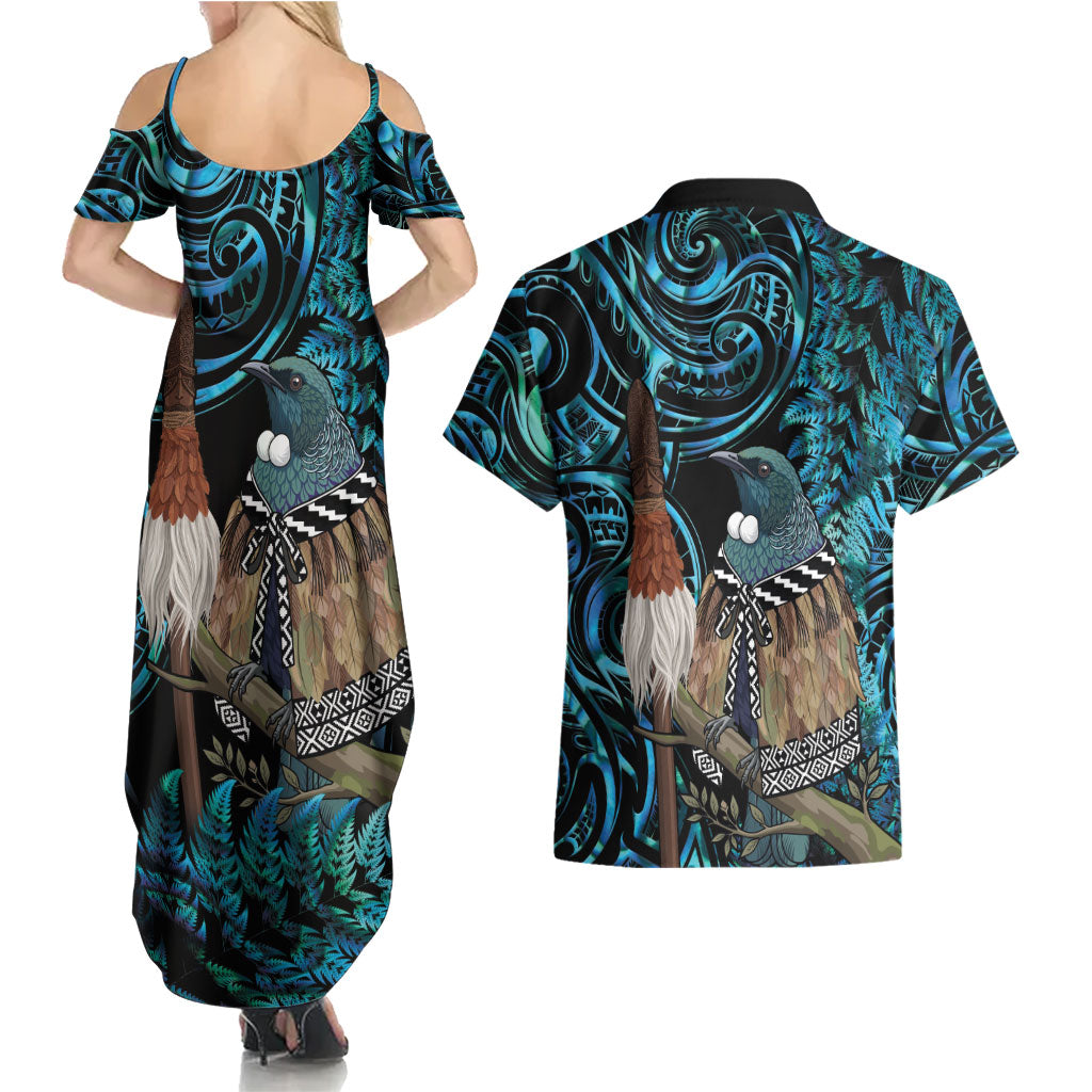 New Zealand Tui Bird Taiaha Couples Matching Summer Maxi Dress and Hawaiian Shirt Maori Weapon Paua Shell Mix Silver Fern