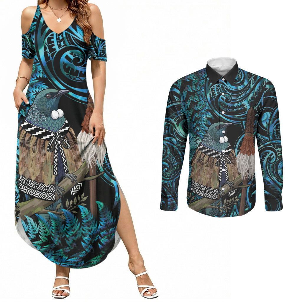 New Zealand Tui Bird Taiaha Couples Matching Summer Maxi Dress and Long Sleeve Button Shirt Maori Weapon Paua Shell Mix Silver Fern LT14 Turquoise - Polynesian Pride
