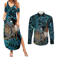 New Zealand Tui Bird Taiaha Couples Matching Summer Maxi Dress and Long Sleeve Button Shirt Maori Weapon Paua Shell Mix Silver Fern