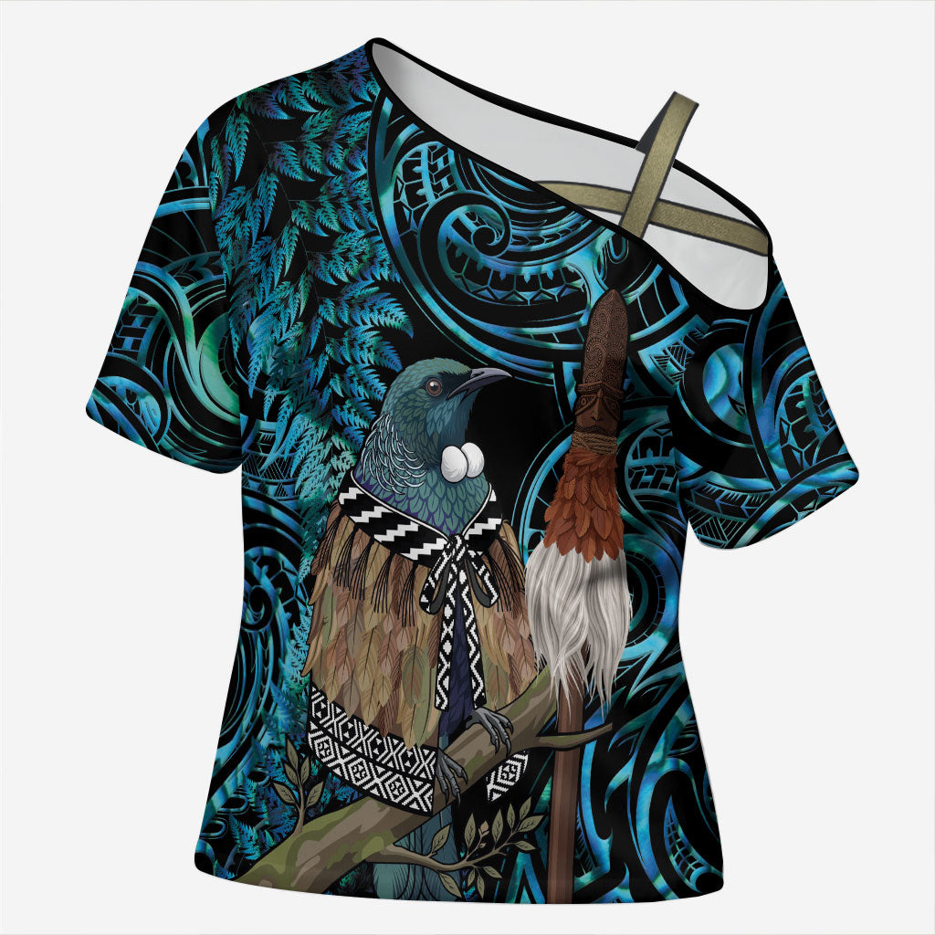 New Zealand Tui Bird Taiaha Cross Shoulder Shirt Maori Weapon Paua Shell Mix Silver Fern LT14 Female Turquoise - Polynesian Pride
