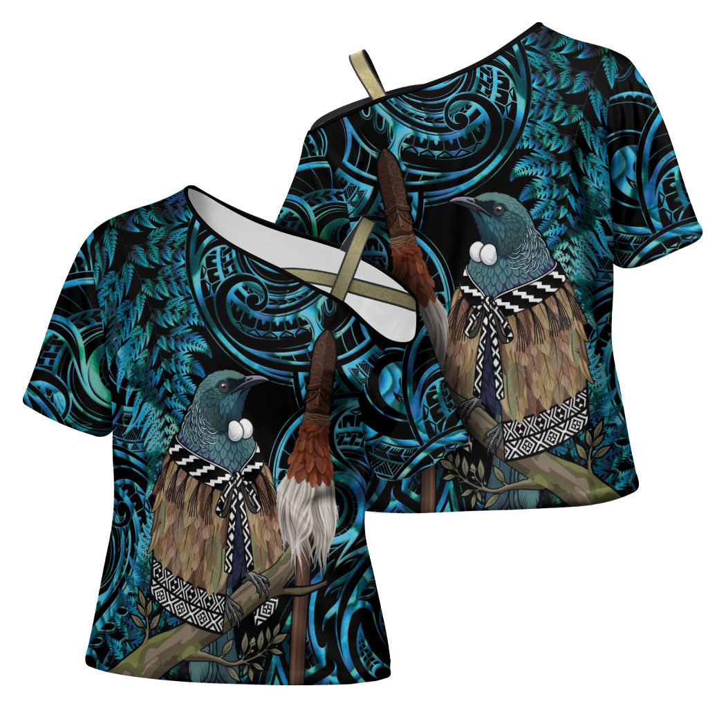 New Zealand Tui Bird Taiaha Cross Shoulder Shirt Maori Weapon Paua Shell Mix Silver Fern