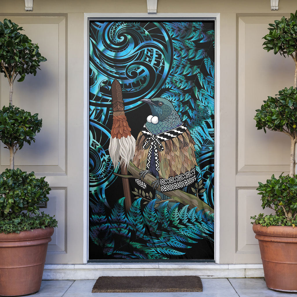 New Zealand Tui Bird Taiaha Door Cover Maori Weapon Paua Shell Mix Silver Fern LT14 Turquoise - Polynesian Pride
