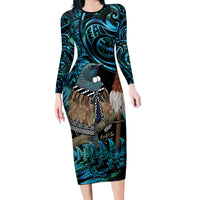 New Zealand Tui Bird Taiaha Family Matching Long Sleeve Bodycon Dress and Hawaiian Shirt Maori Weapon Paua Shell Mix Silver Fern
