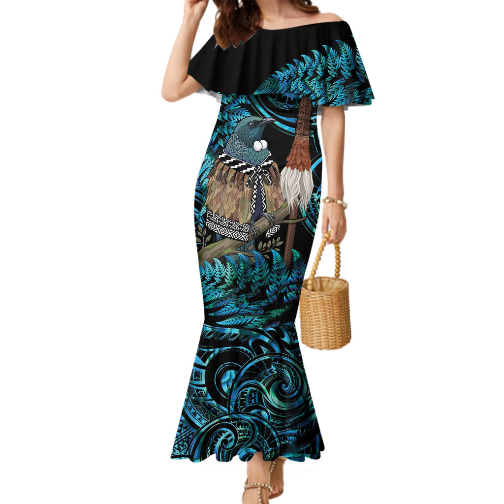 New Zealand Tui Bird Taiaha Family Matching Mermaid Dress and Hawaiian Shirt Maori Weapon Paua Shell Mix Silver Fern LT14 Mom's Dress Turquoise - Polynesian Pride