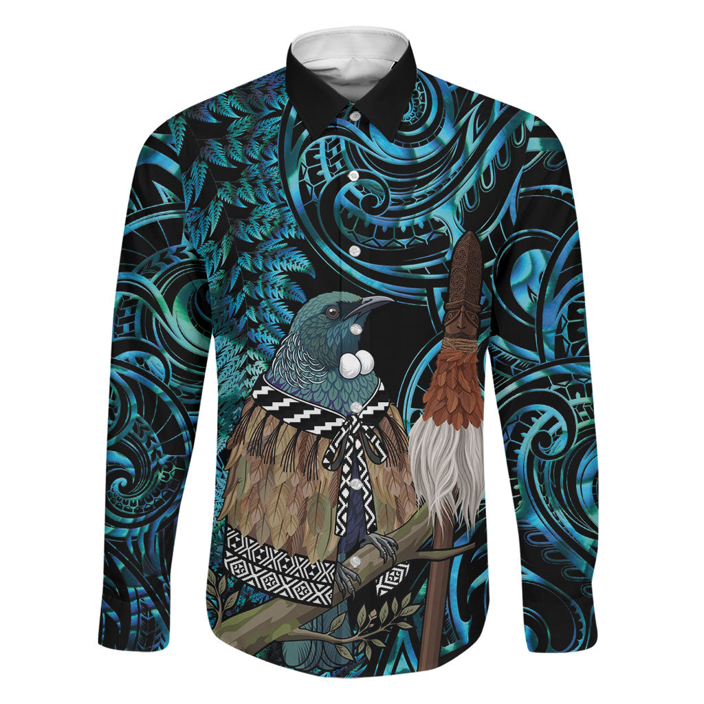 New Zealand Tui Bird Taiaha Family Matching Off The Shoulder Long Sleeve Dress and Hawaiian Shirt Maori Weapon Paua Shell Mix Silver Fern
