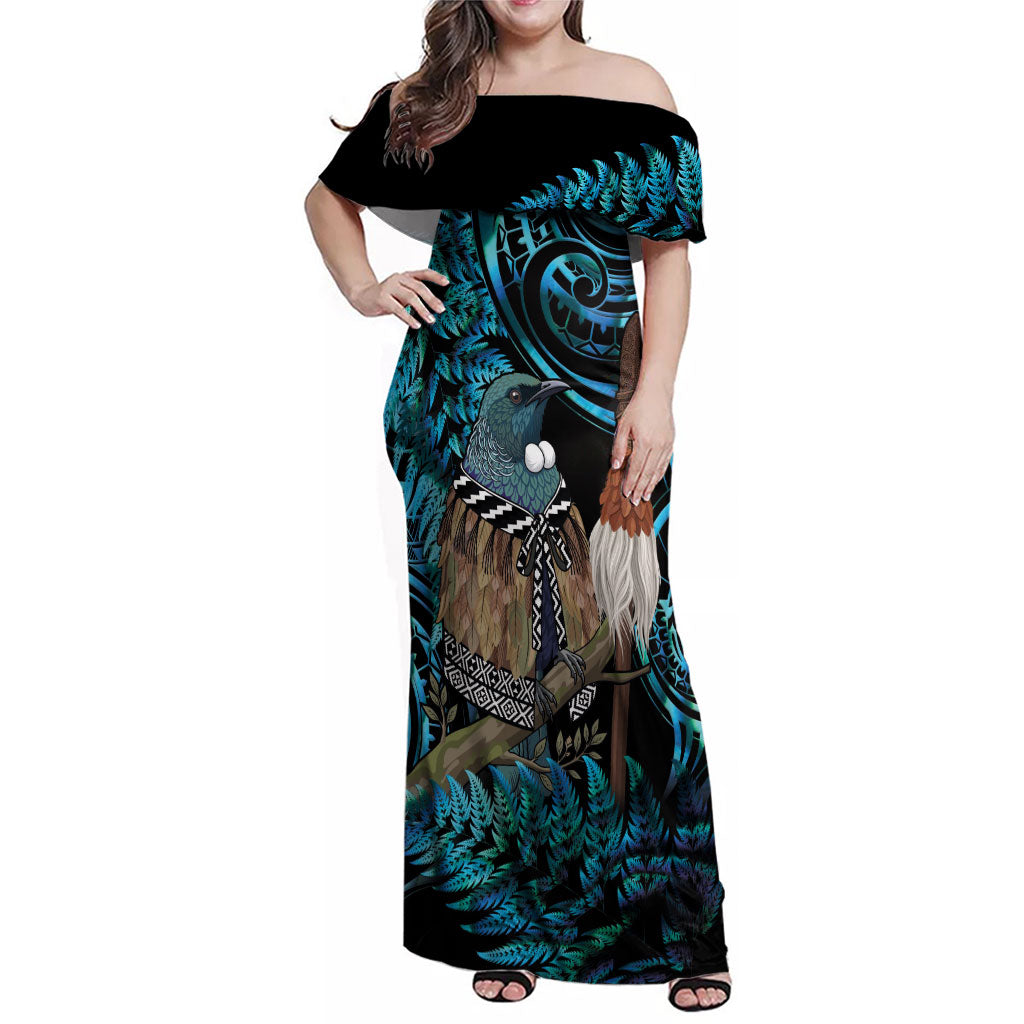 New Zealand Tui Bird Taiaha Family Matching Off Shoulder Maxi Dress and Hawaiian Shirt Maori Weapon Paua Shell Mix Silver Fern