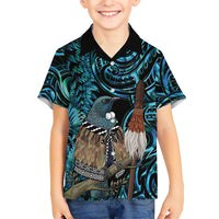 New Zealand Tui Bird Taiaha Family Matching Off Shoulder Maxi Dress and Hawaiian Shirt Maori Weapon Paua Shell Mix Silver Fern