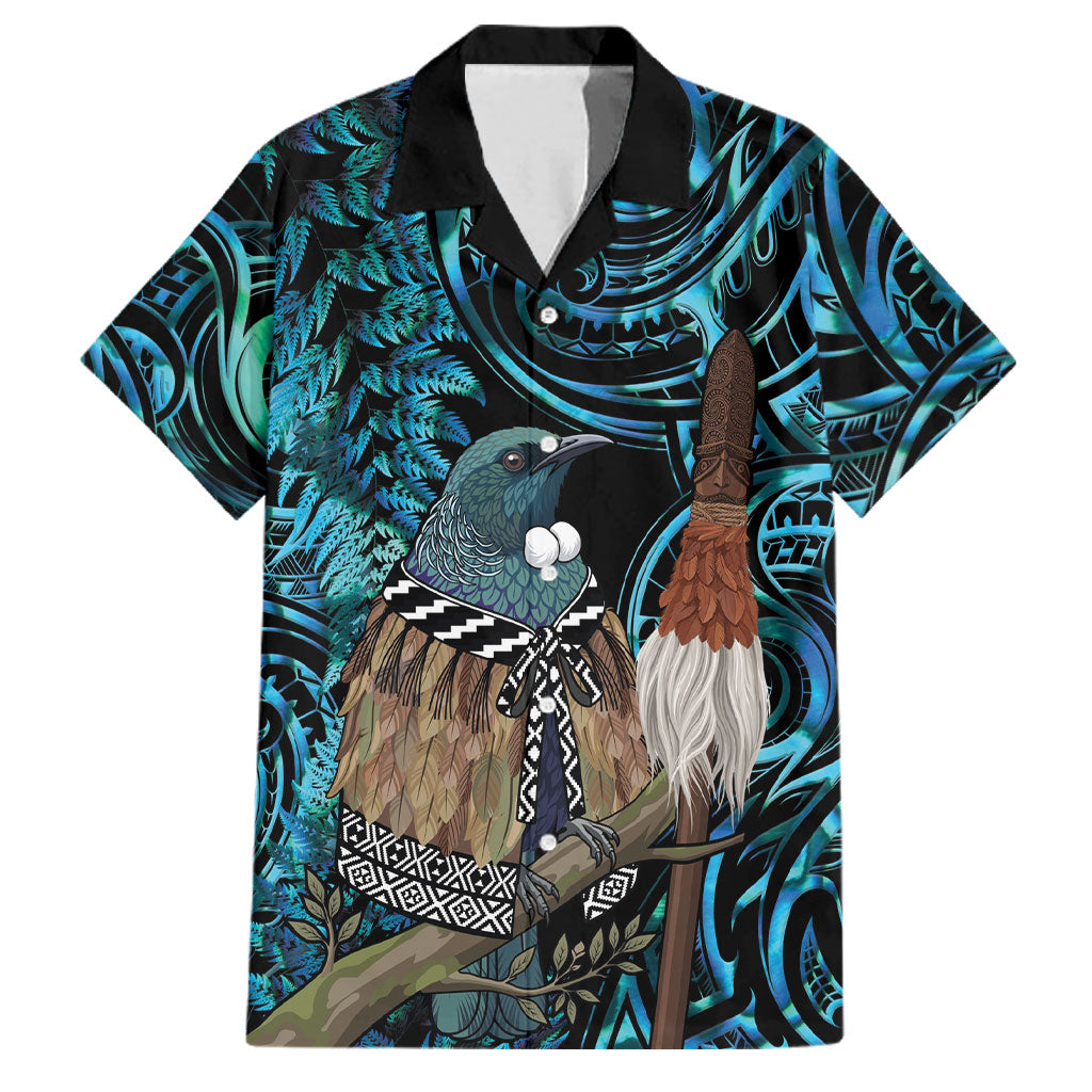 New Zealand Tui Bird Taiaha Family Matching Off Shoulder Short Dress and Hawaiian Shirt Maori Weapon Paua Shell Mix Silver Fern LT14 Dad's Shirt - Short Sleeve Turquoise - Polynesian Pride