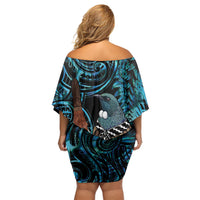 New Zealand Tui Bird Taiaha Family Matching Off Shoulder Short Dress and Hawaiian Shirt Maori Weapon Paua Shell Mix Silver Fern LT14 - Polynesian Pride