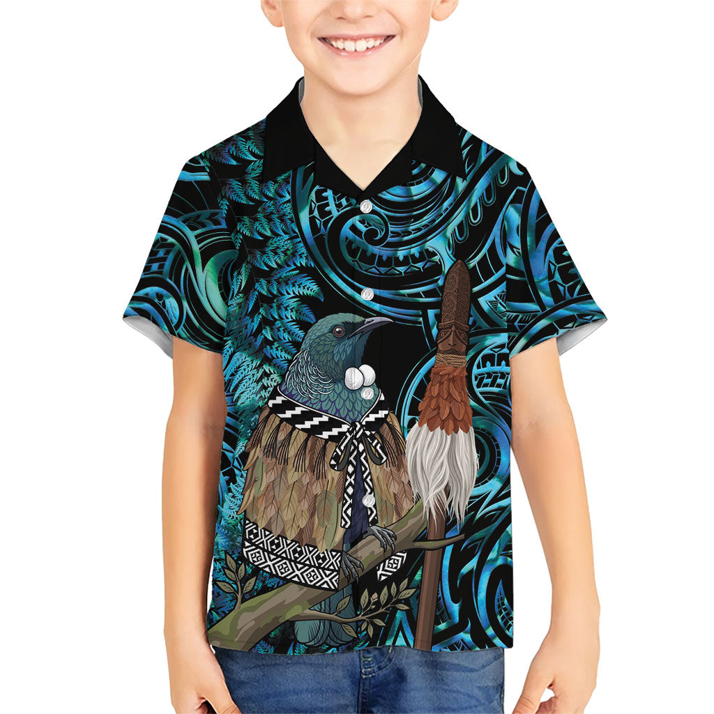New Zealand Tui Bird Taiaha Family Matching Puletasi and Hawaiian Shirt Maori Weapon Paua Shell Mix Silver Fern