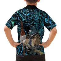 New Zealand Tui Bird Taiaha Family Matching Short Sleeve Bodycon Dress and Hawaiian Shirt Maori Weapon Paua Shell Mix Silver Fern