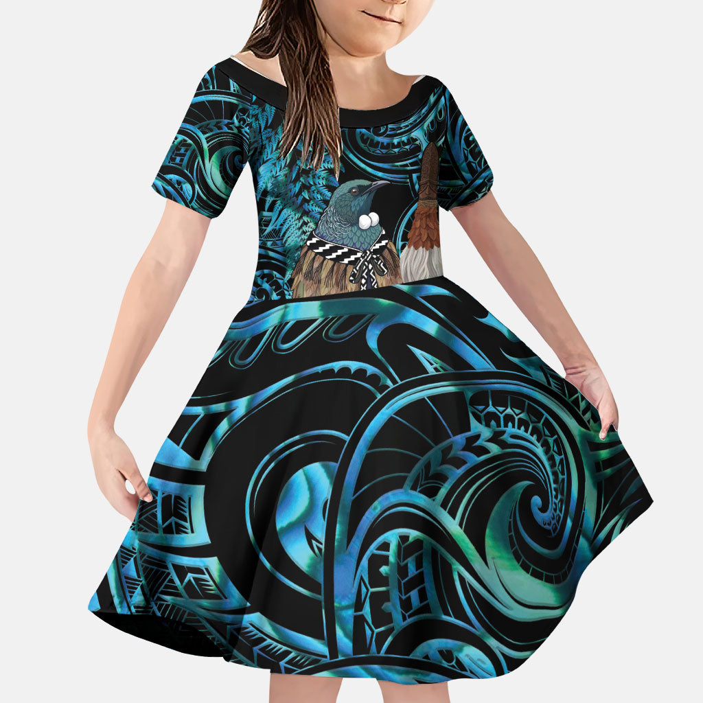 New Zealand Tui Bird Taiaha Family Matching Short Sleeve Bodycon Dress and Hawaiian Shirt Maori Weapon Paua Shell Mix Silver Fern