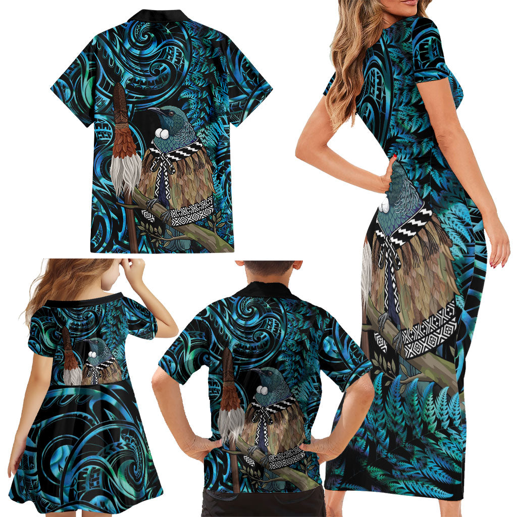 New Zealand Tui Bird Taiaha Family Matching Short Sleeve Bodycon Dress and Hawaiian Shirt Maori Weapon Paua Shell Mix Silver Fern