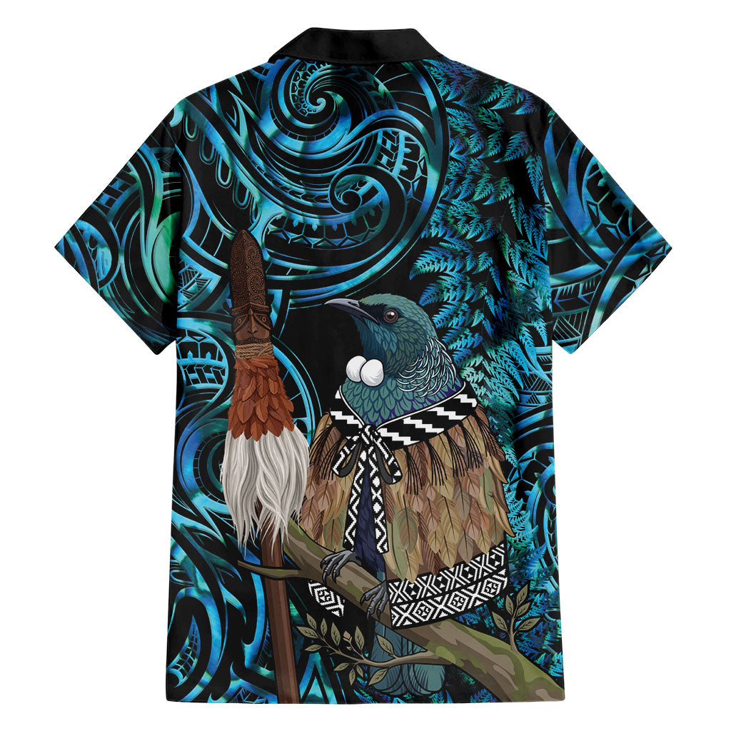New Zealand Tui Bird Taiaha Family Matching Summer Maxi Dress and Hawaiian Shirt Maori Weapon Paua Shell Mix Silver Fern