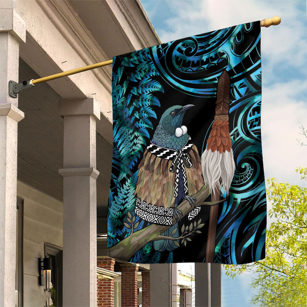 New Zealand Tui Bird Taiaha Garden Flag Maori Weapon Paua Shell Mix Silver Fern LT14 House Flag Turquoise - Polynesian Pride