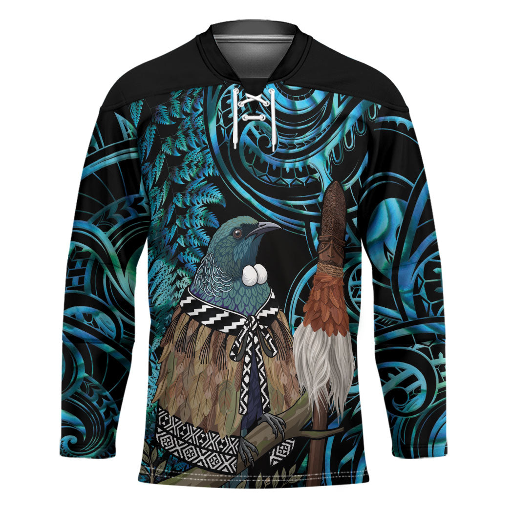 New Zealand Tui Bird Taiaha Hockey Jersey Maori Weapon Paua Shell Mix Silver Fern LT14 Unisex Turquoise - Polynesian Pride