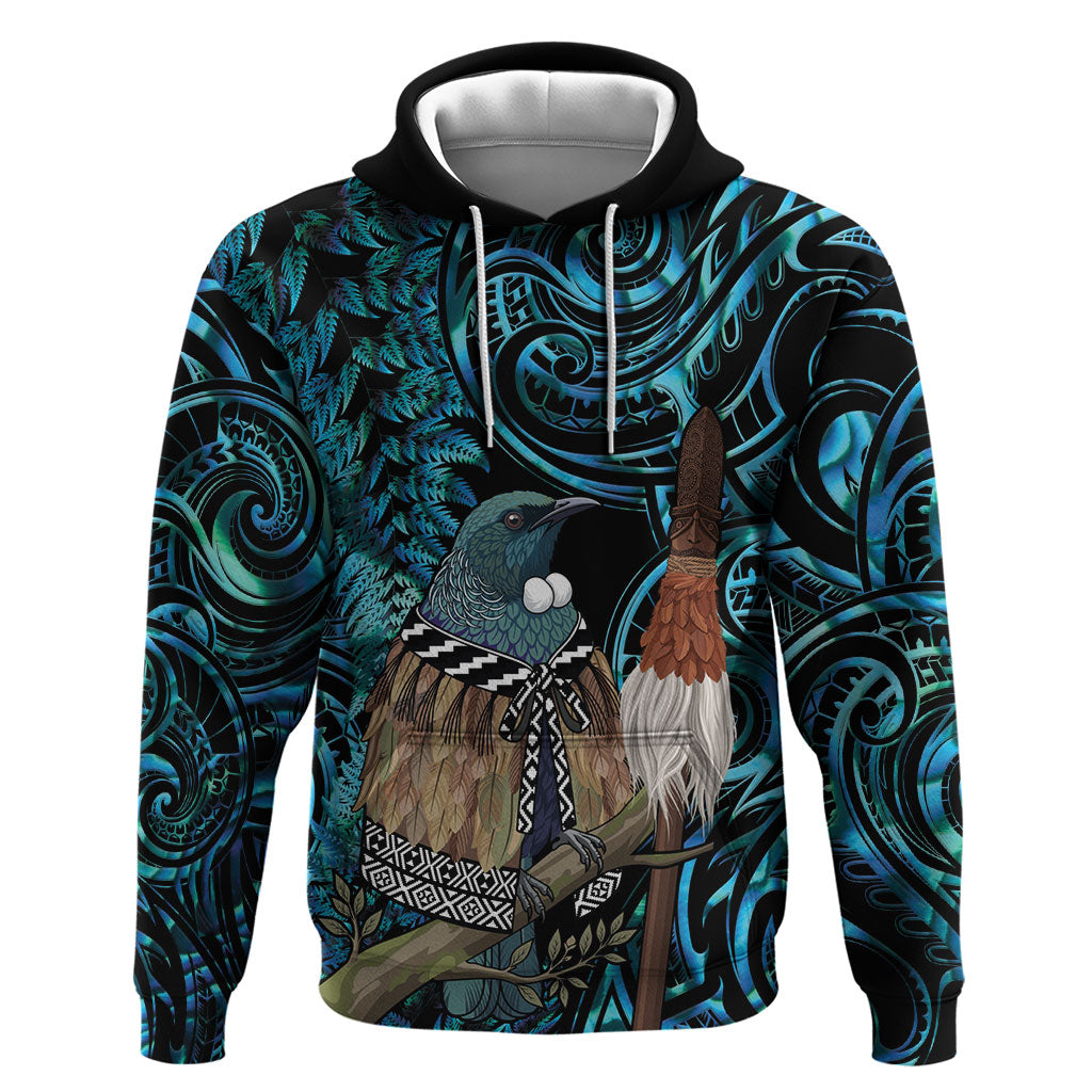 New Zealand Tui Bird Taiaha Hoodie Maori Weapon Paua Shell Mix Silver Fern LT14 Pullover Hoodie Turquoise - Polynesian Pride