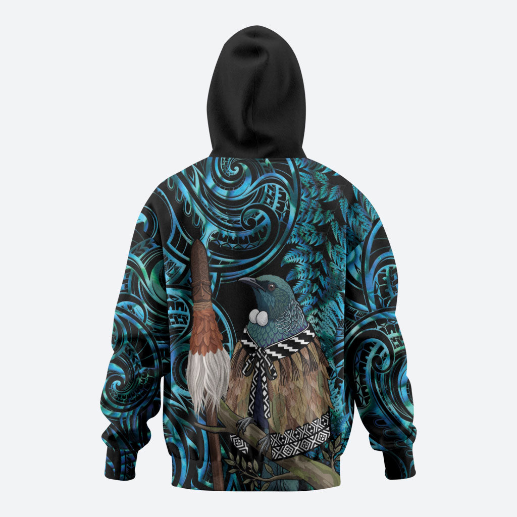 New Zealand Tui Bird Taiaha Hoodie Maori Weapon Paua Shell Mix Silver Fern
