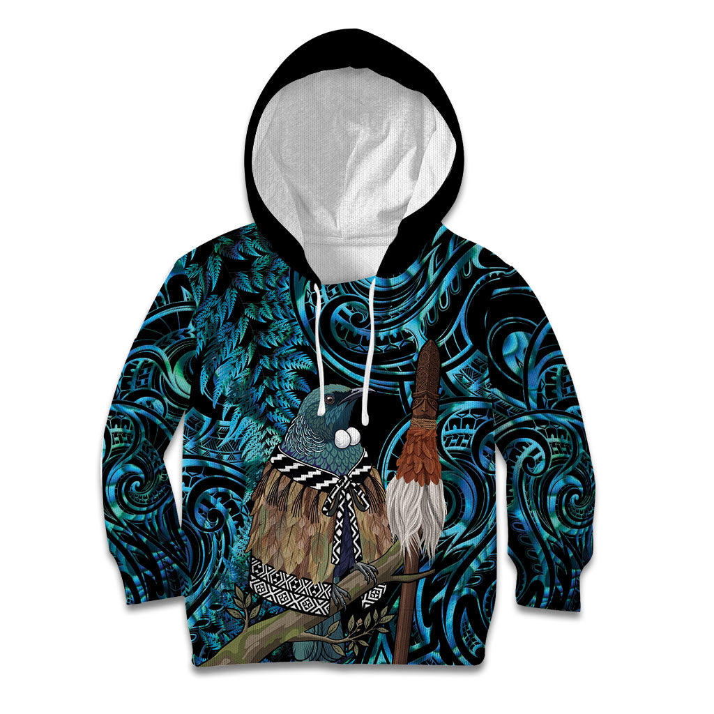 New Zealand Tui Bird Taiaha Kid Hoodie Maori Weapon Paua Shell Mix Silver Fern LT14 Hoodie Turquoise - Polynesian Pride