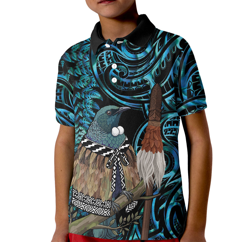 New Zealand Tui Bird Taiaha Kid Polo Shirt Maori Weapon Paua Shell Mix Silver Fern LT14 Kid Turquoise - Polynesian Pride