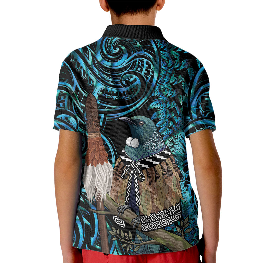 New Zealand Tui Bird Taiaha Kid Polo Shirt Maori Weapon Paua Shell Mix Silver Fern