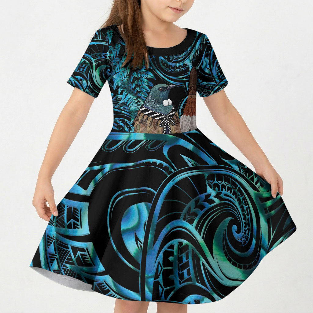New Zealand Tui Bird Taiaha Kid Short Sleeve Dress Maori Weapon Paua Shell Mix Silver Fern LT14 KID Turquoise - Polynesian Pride