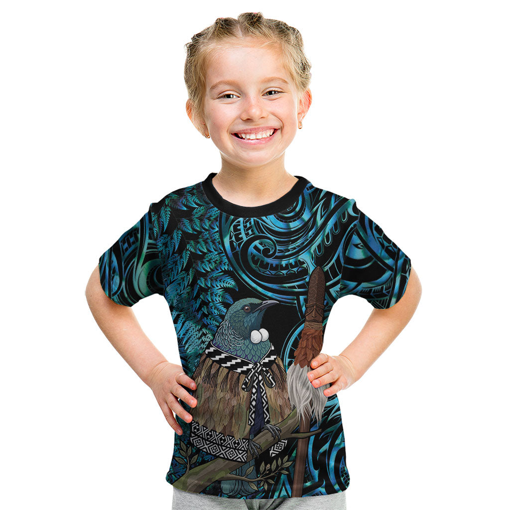 New Zealand Tui Bird Taiaha Kid T Shirt Maori Weapon Paua Shell Mix Silver Fern LT14 Turquoise - Polynesian Pride