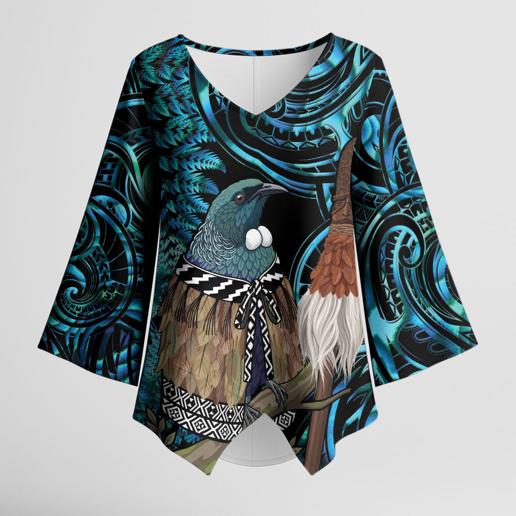 New Zealand Tui Bird Taiaha Kimono Sleeve Blouse Maori Weapon Paua Shell Mix Silver Fern LT14 Female Turquoise - Polynesian Pride