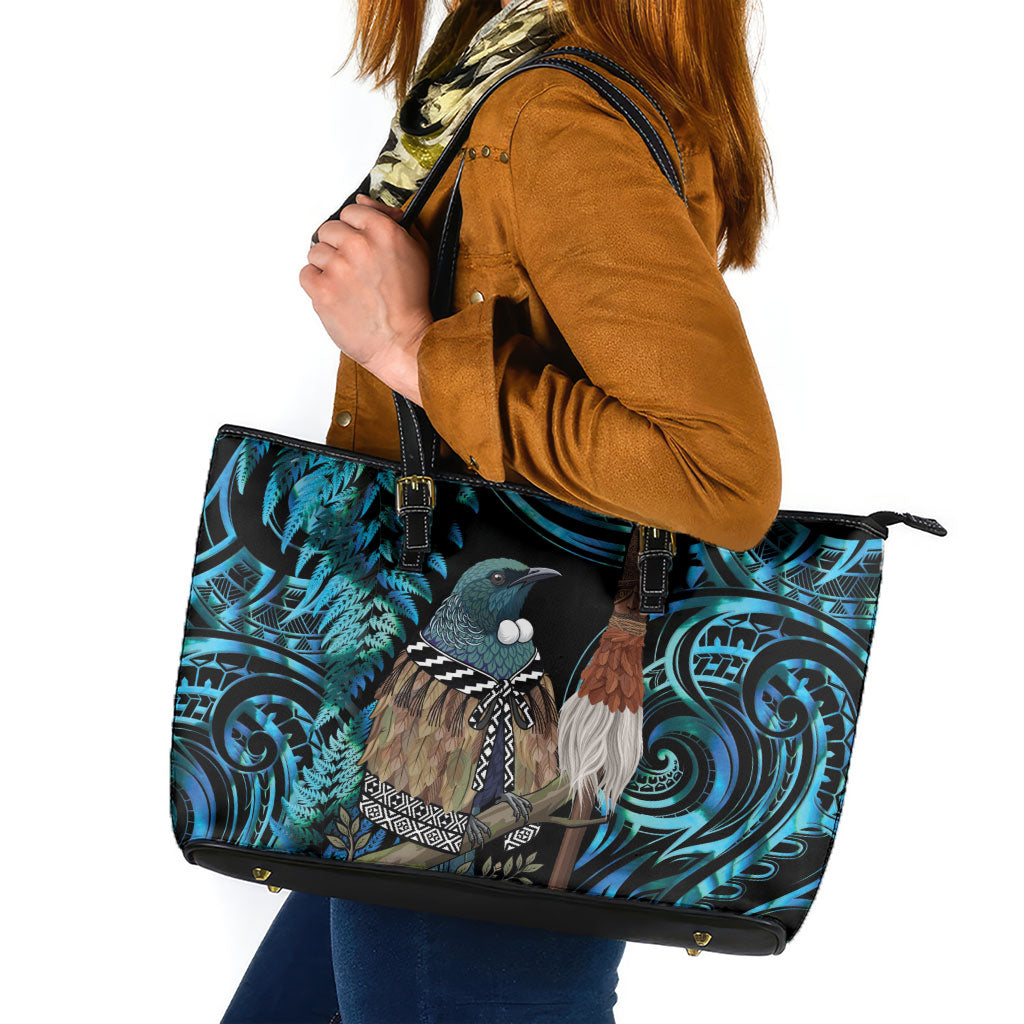 New Zealand Tui Bird Taiaha Leather Tote Bag Maori Weapon Paua Shell Mix Silver Fern LT14 Turquoise - Polynesian Pride
