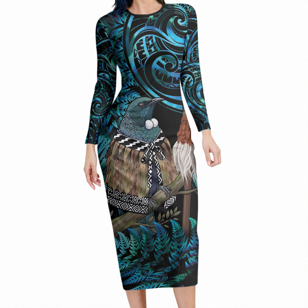 New Zealand Tui Bird Taiaha Long Sleeve Bodycon Dress Maori Weapon Paua Shell Mix Silver Fern LT14 Long Dress Turquoise - Polynesian Pride