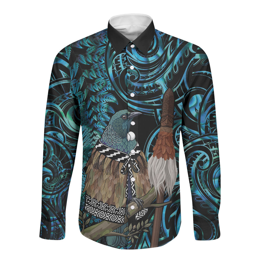 New Zealand Tui Bird Taiaha Long Sleeve Button Shirt Maori Weapon Paua Shell Mix Silver Fern LT14 Unisex Turquoise - Polynesian Pride