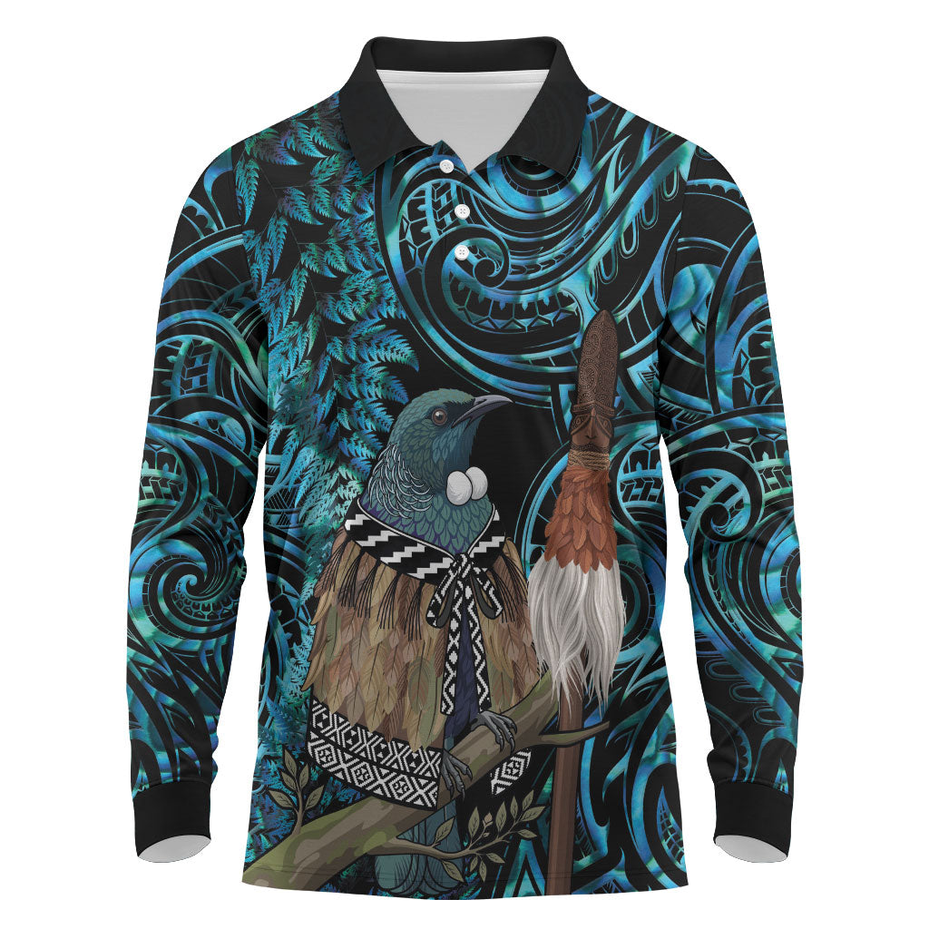New Zealand Tui Bird Taiaha Long Sleeve Polo Shirt Maori Weapon Paua Shell Mix Silver Fern LT14 Turquoise - Polynesian Pride